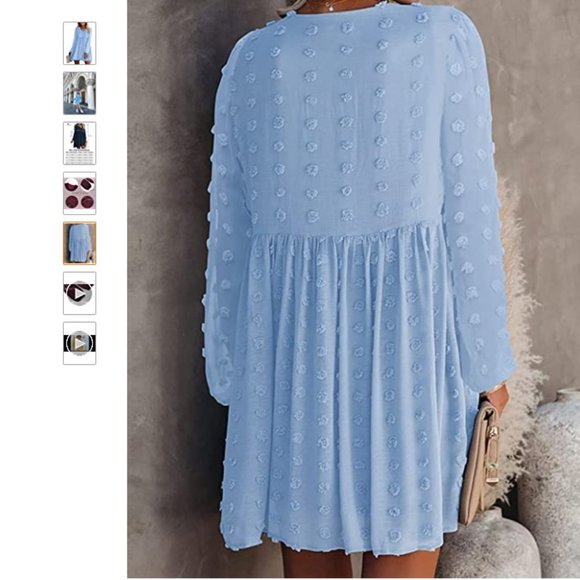 NEW! Swiss Dot Long Sleeve V-Neck Babydoll Mini Dress - Medium - Light Blue - Picture 2 of 6